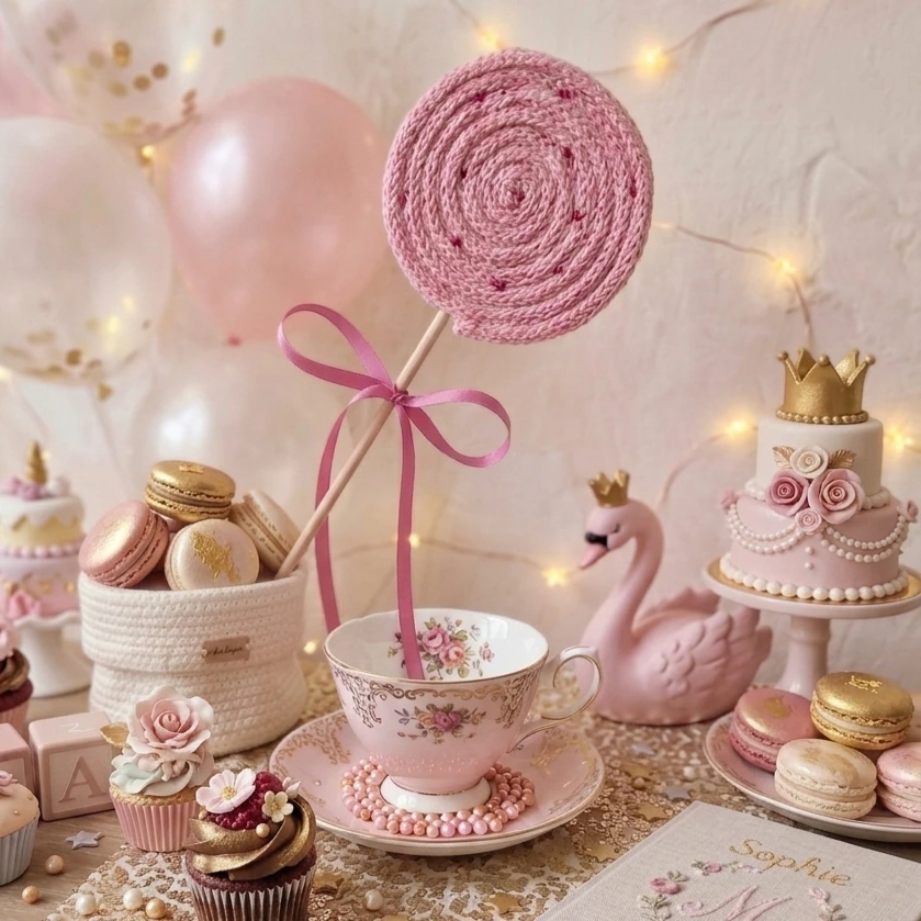 Sucette géante en tricotin et perles - Décoration Candy Bar et baptême